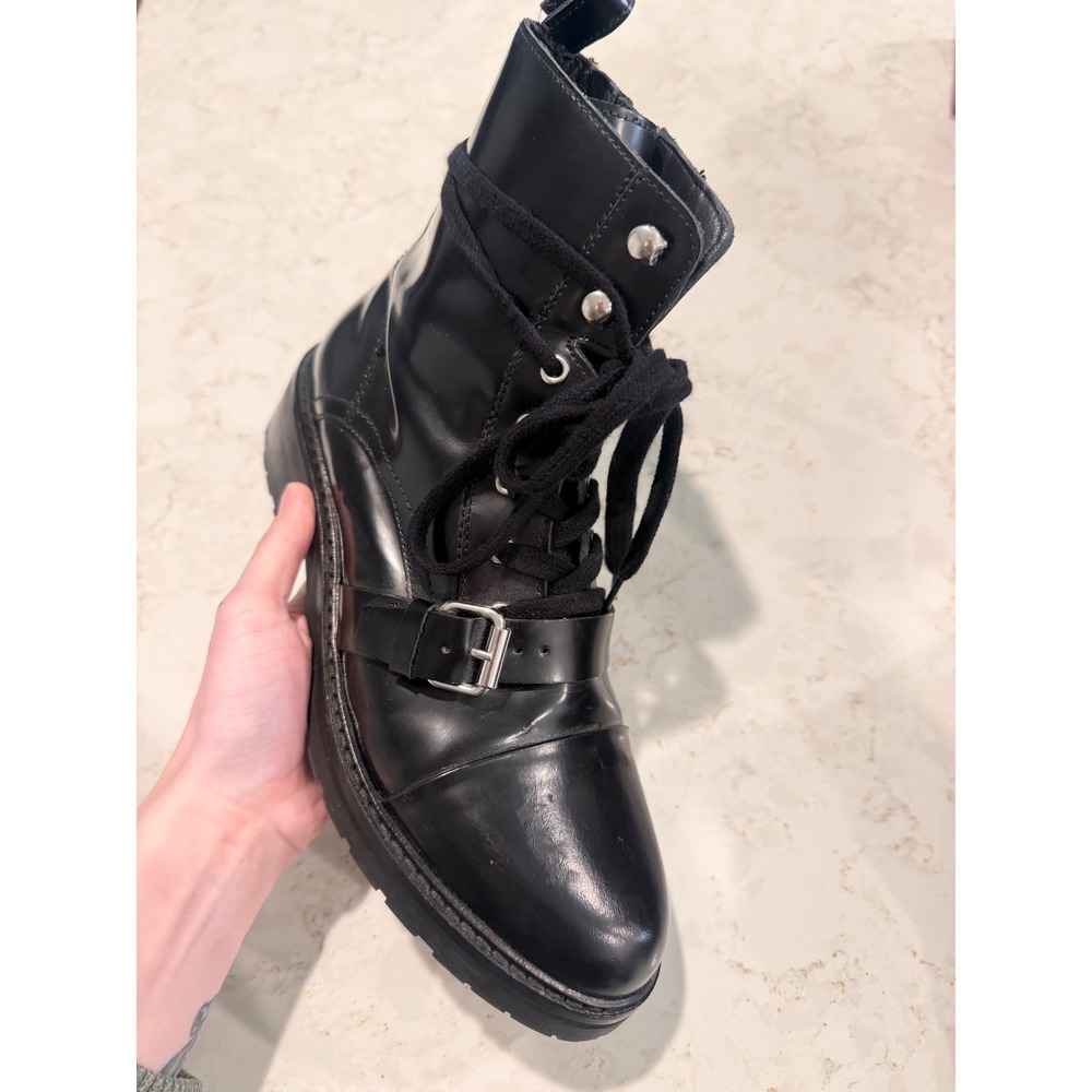 AllSaints Donita Black Leather Lace Up Buckle Combat Boots Lug Sole Size 40 - Picture 3 of 8